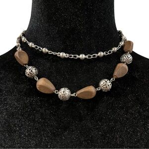 IONA Jewelry Double Strand Necklace Silver Tone Brown Wood Beads Adjustable Leng
